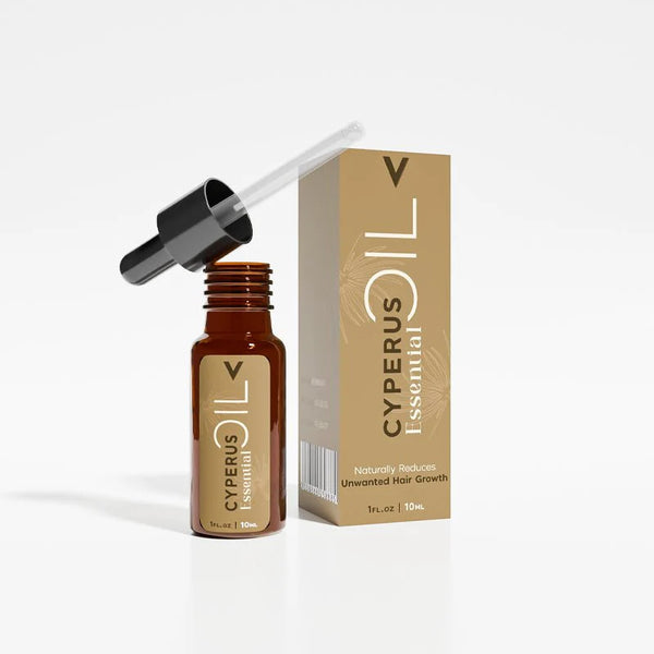 Cyperus essential oil bottle with dropper and box, 10ml, for reducing unwanted hair growth.