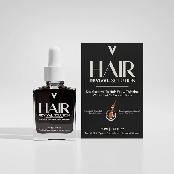 Hair revival solution serum bottle with dropper and packaging for hair fall and thinning