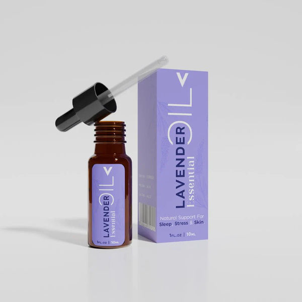 Lavender essential oil dropper bottle with purple box, supports sleep, stress, and skin care.
