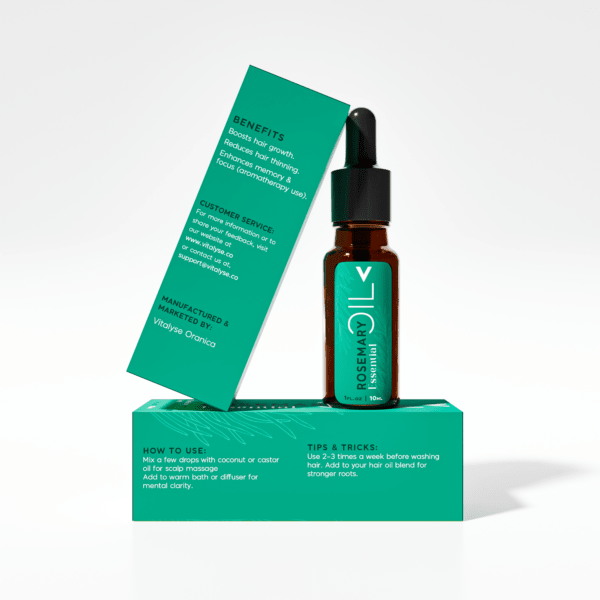 Rosemary essential oil dropper bottle with green box, hair growth and wellness benefits listed.
