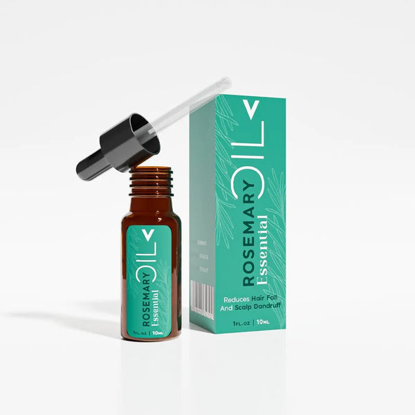Rosemary essential oil bottle with dropper and box, promotes hair growth and scalp care